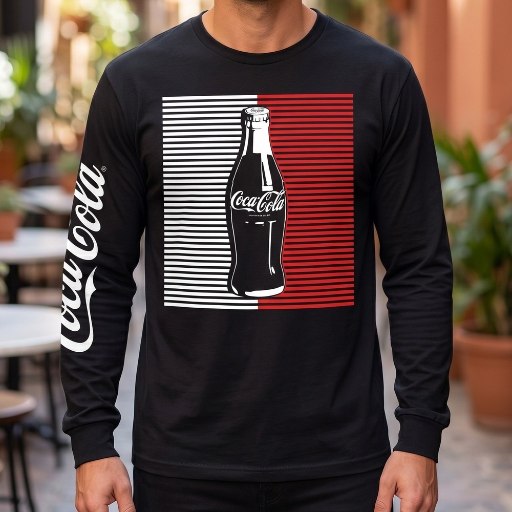 Coca-Cola Mens Long Sleeve Graphic T-Shirt Black Bottle Logo Striped Print L